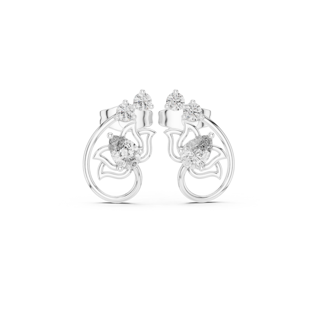 Lotus Crown Pear Diamond Stud Earrings