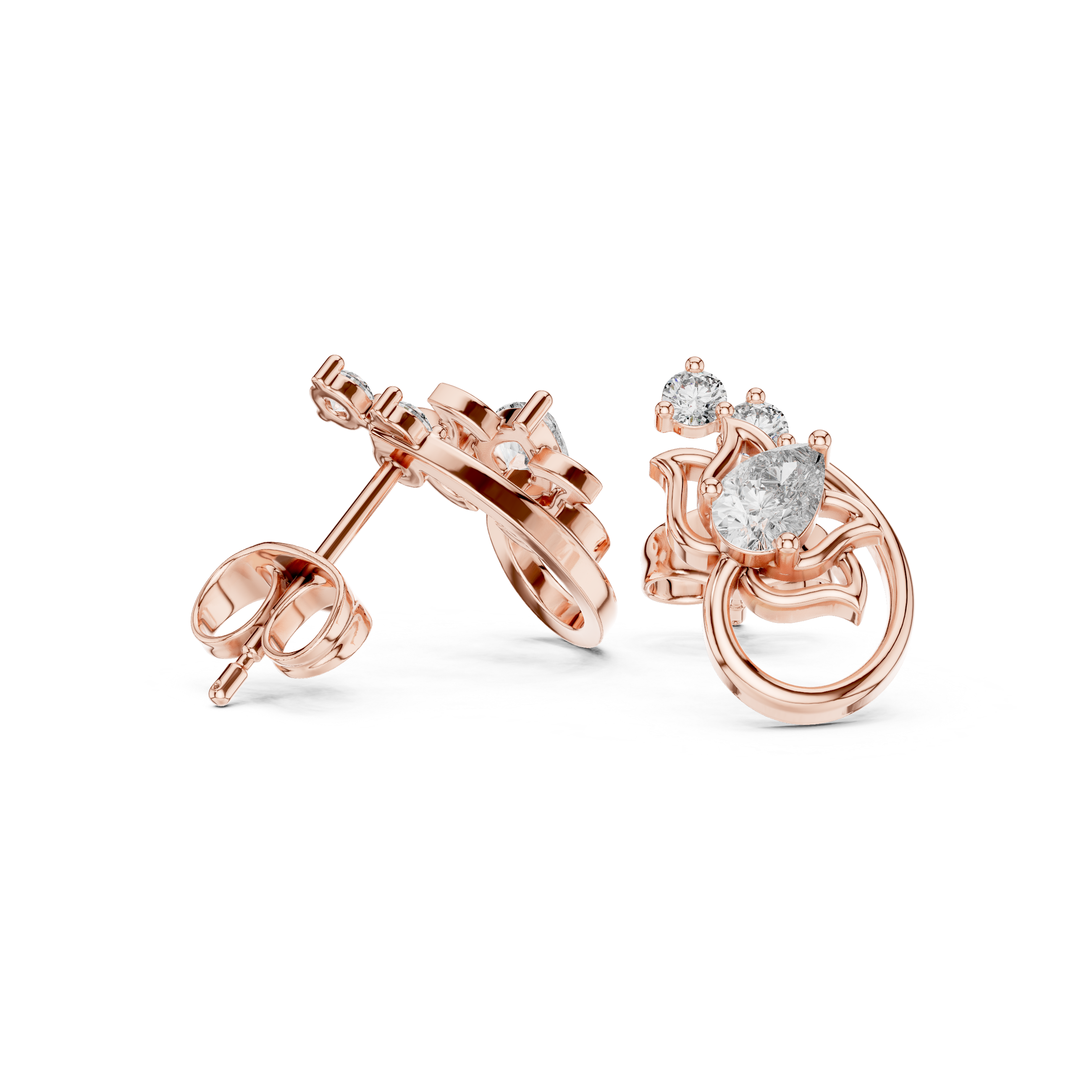Lotus Crown Pear Diamond Stud Earrings