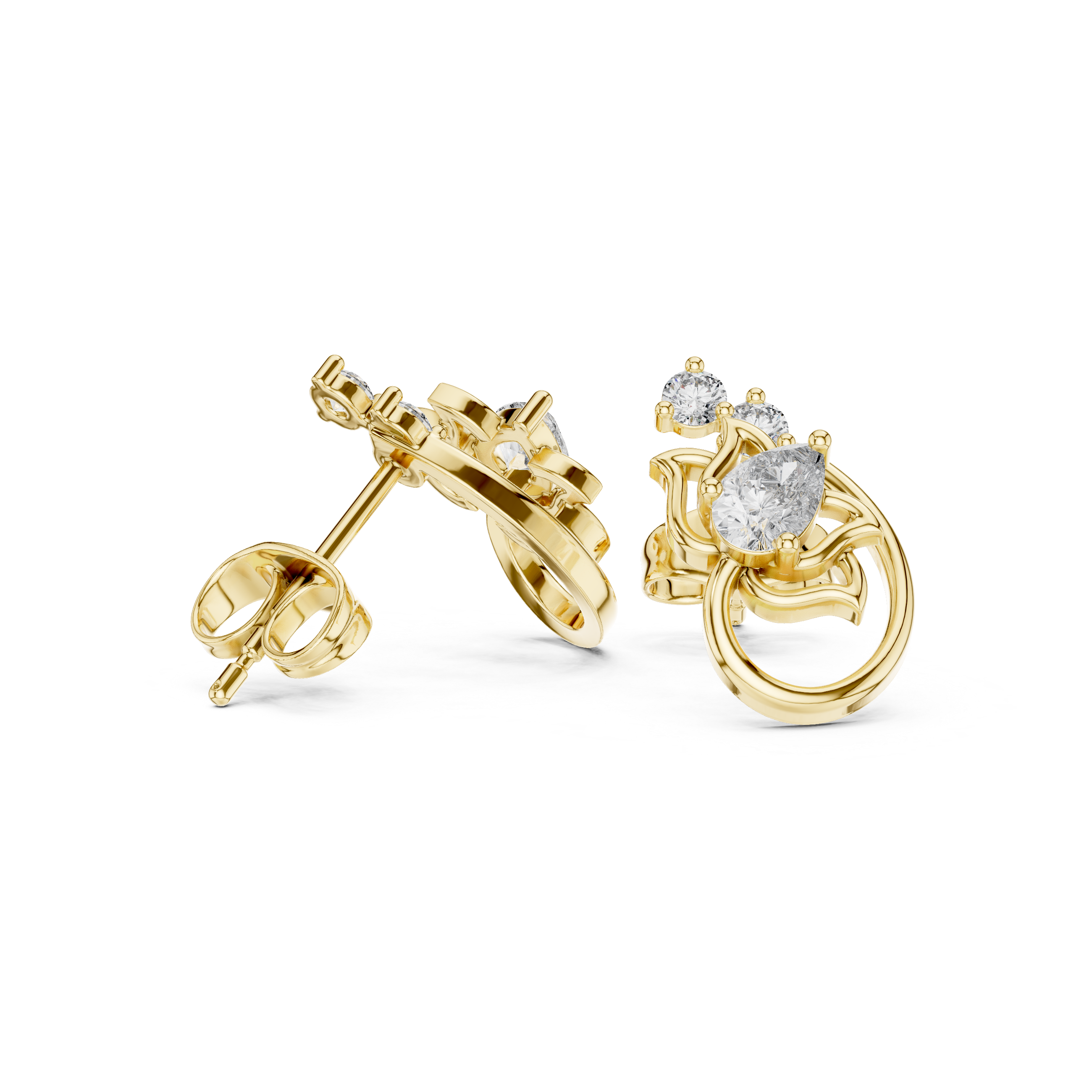 Lotus Crown Pear Diamond Stud Earrings