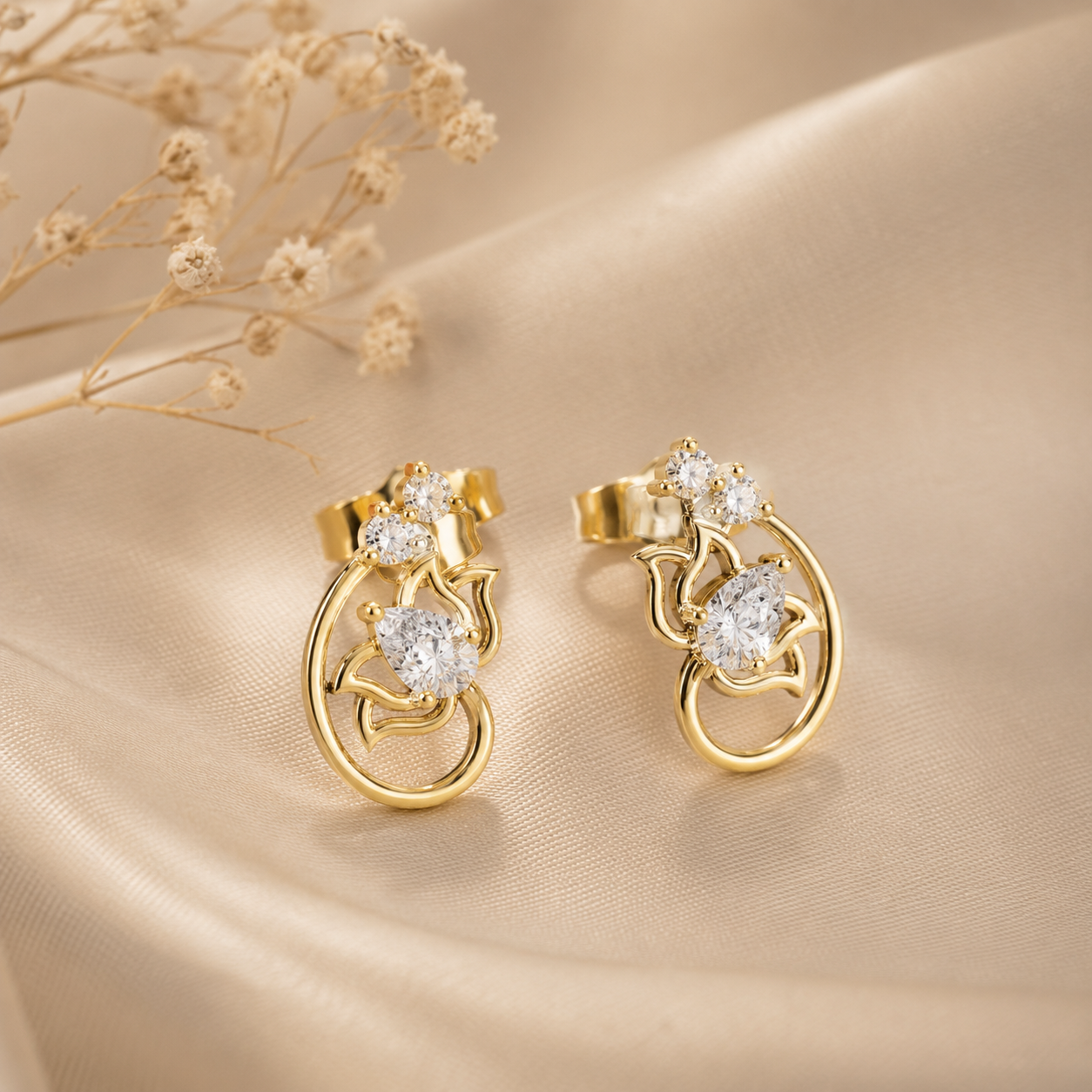 Lotus Crown Pear Diamond Stud Earrings