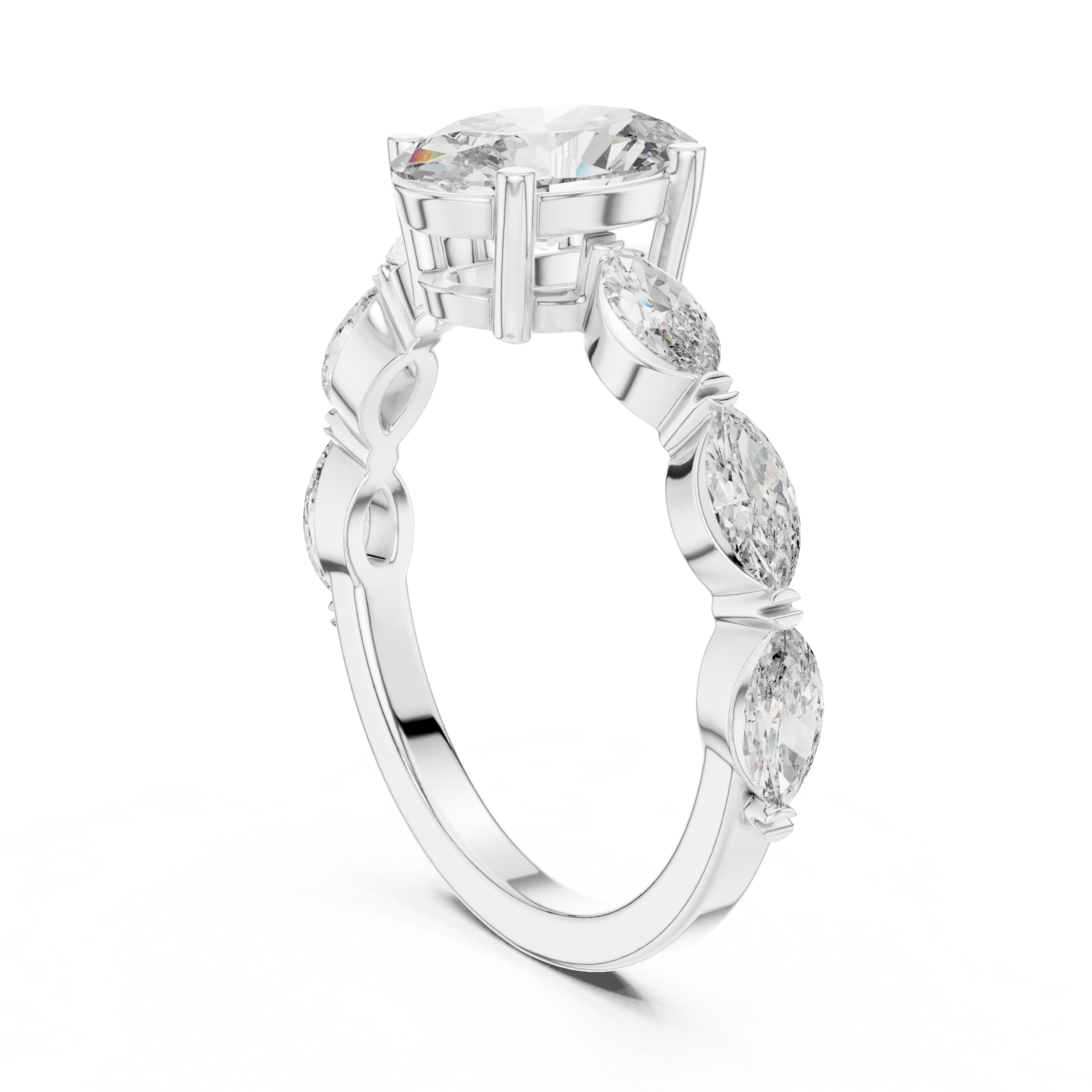 Oval Cut Diamond Ring with Marquise Side Stones
