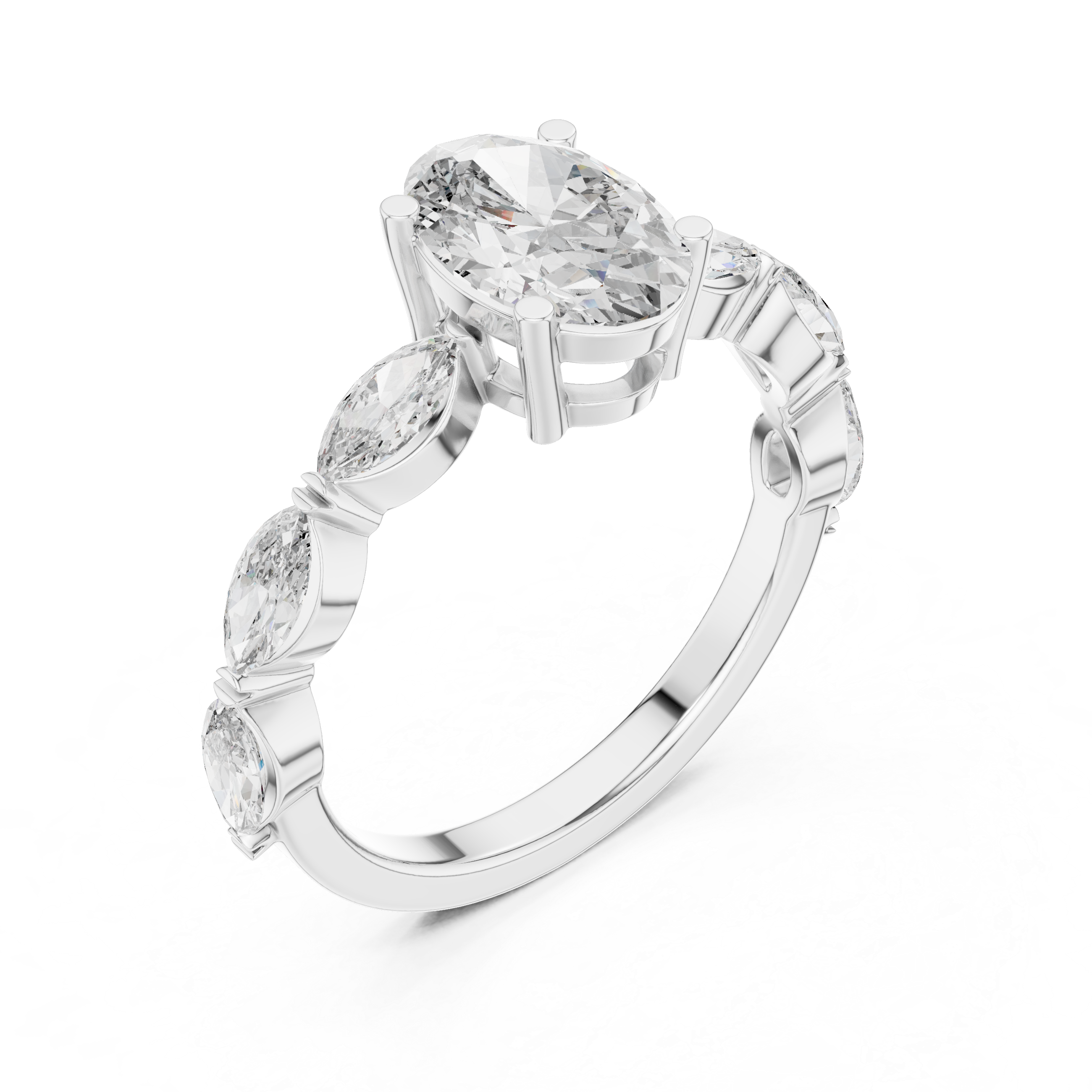 Oval Cut Diamond Ring with Marquise Side Stones